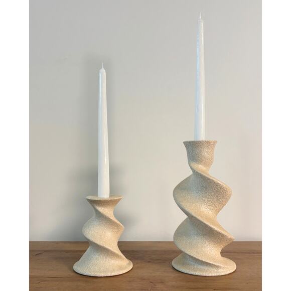 Set of 2 Modern Spiral Candle Holders Textured Beige Plastic Taper Holders - Picture 1 of 5